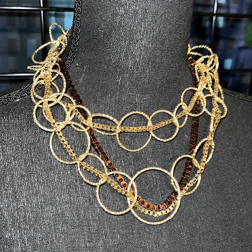 New alpha Textured Hoop Links Double Gold Tone & Box Chain Necklace & Earrings